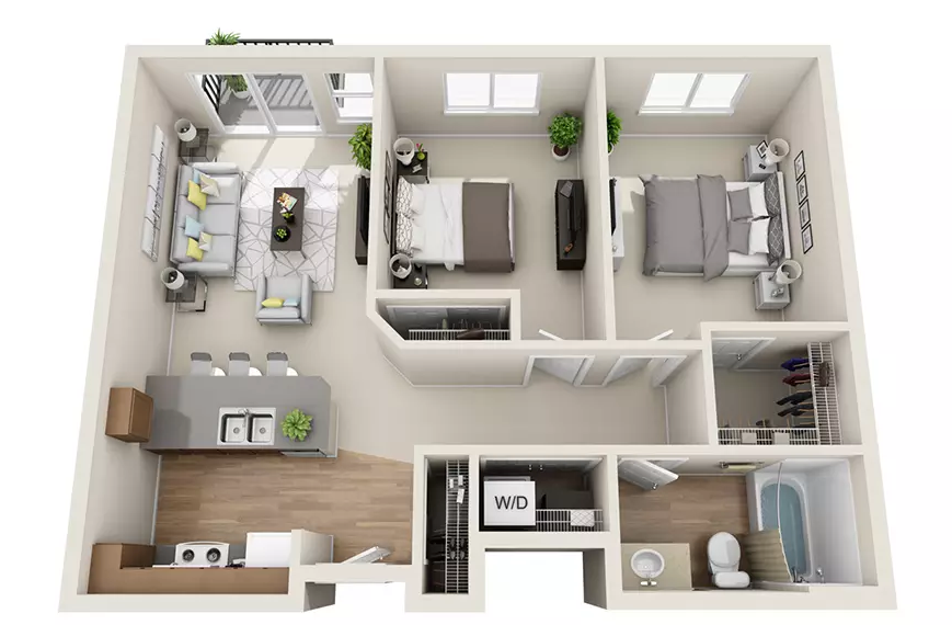 Floor plan for 2 beds, 1 bath, 838 sqft
